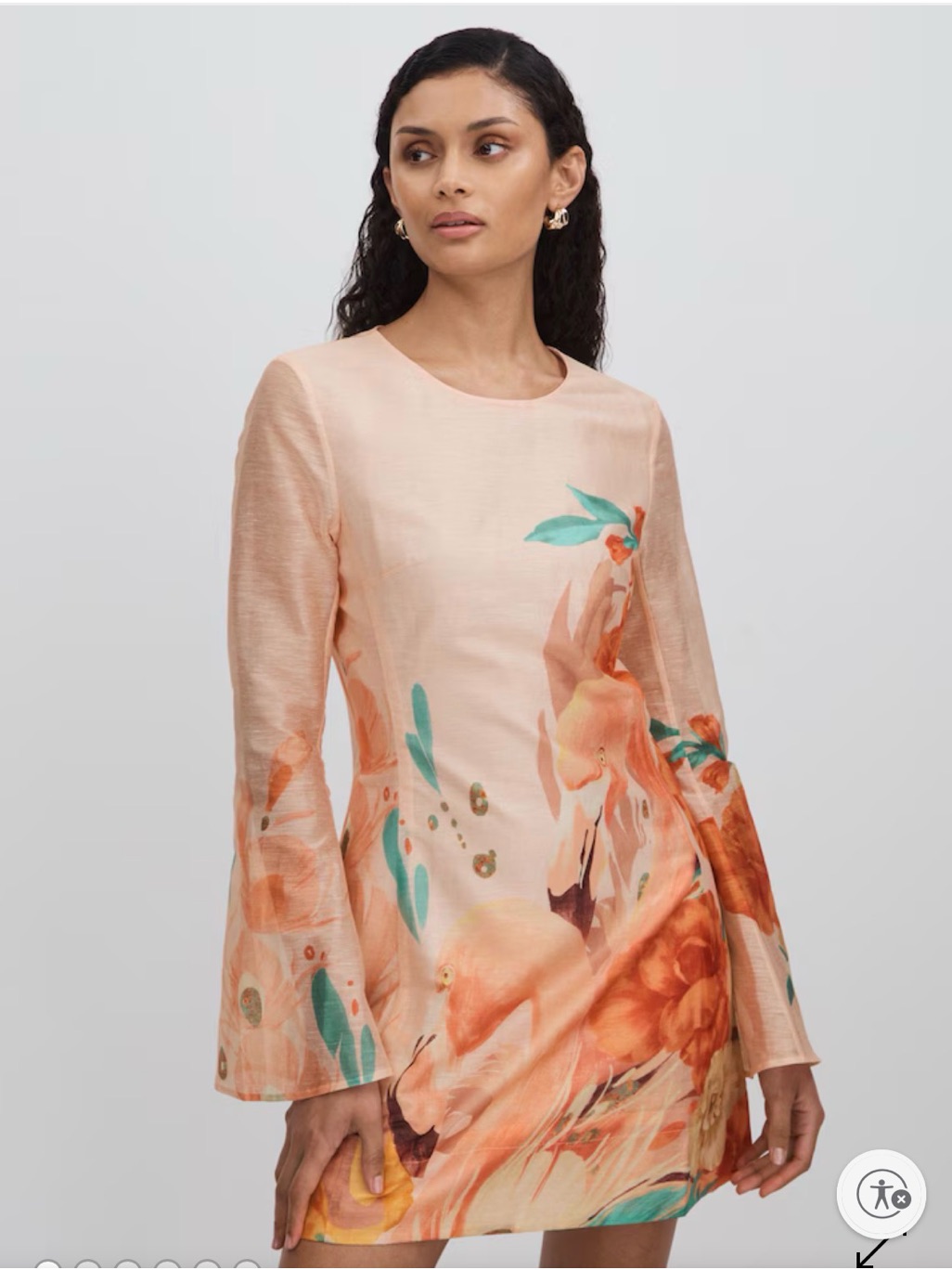 Peach Floral Mini Dress With Long Sleeves